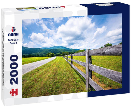 Noah Jigsaw Puzzle Farm road fence closeup in Roseland, Virginia near Blue Ridge parkway mountains in summer with idyllic rural landscape countryside in Nelson County 2000 pieces