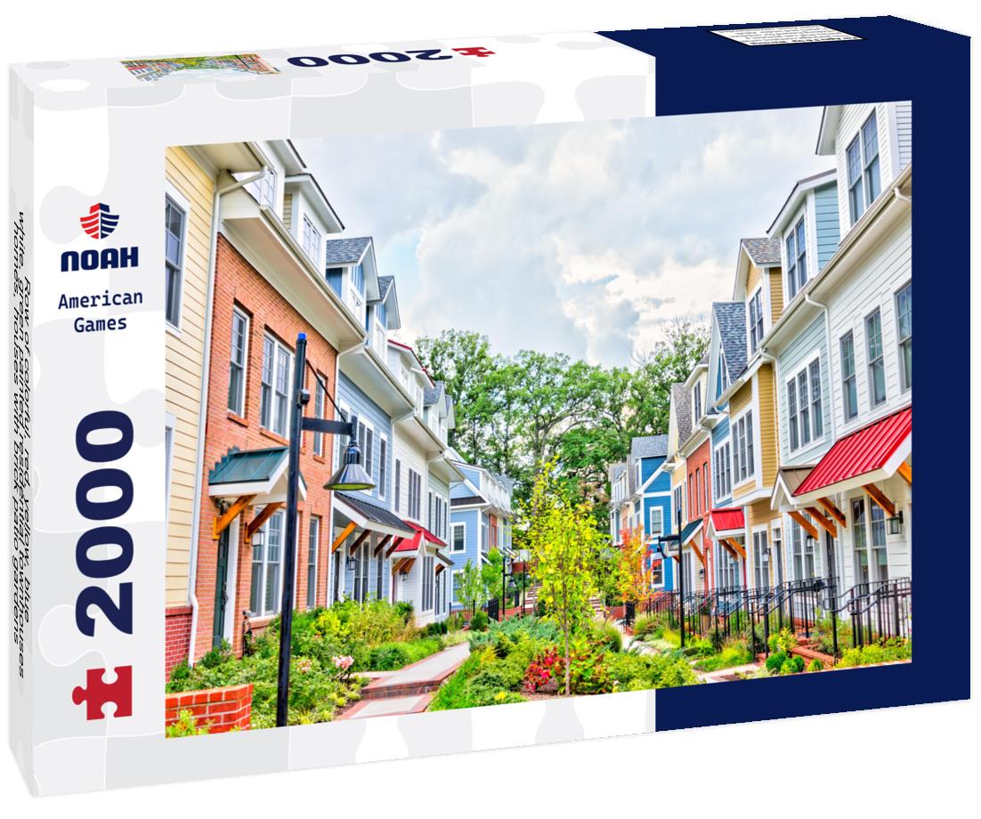 Row of colorful, red, yellow, blue, white, green painted residential townhouses, homes, houses with brick patio gardens in summer, Washington D.C. 2000pc Puzzle