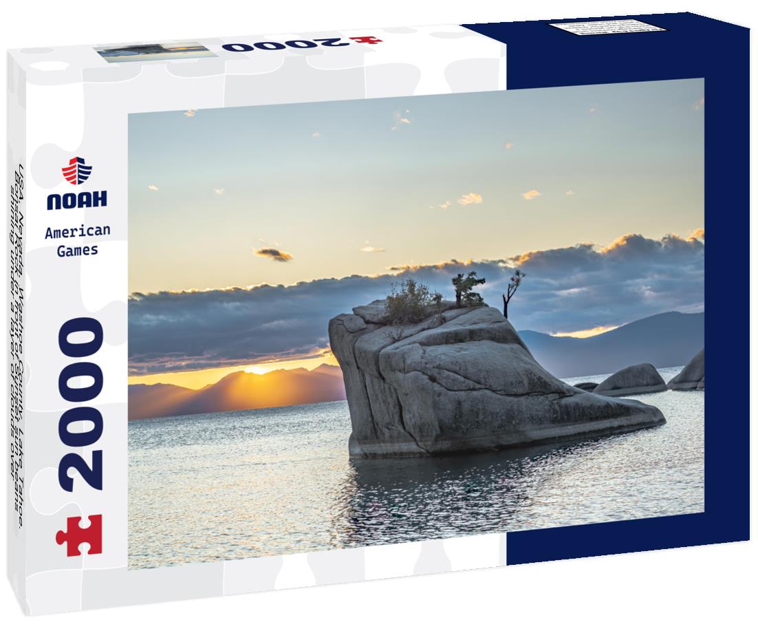 Noah Jigsaw Puzzle USA, Nevada, Washoe County, Lake Tahoe. Bonsai Rock in front of Sunset sun beans shining under a layer of clouds over the Sierra Nevada Mountains 2000 pieces