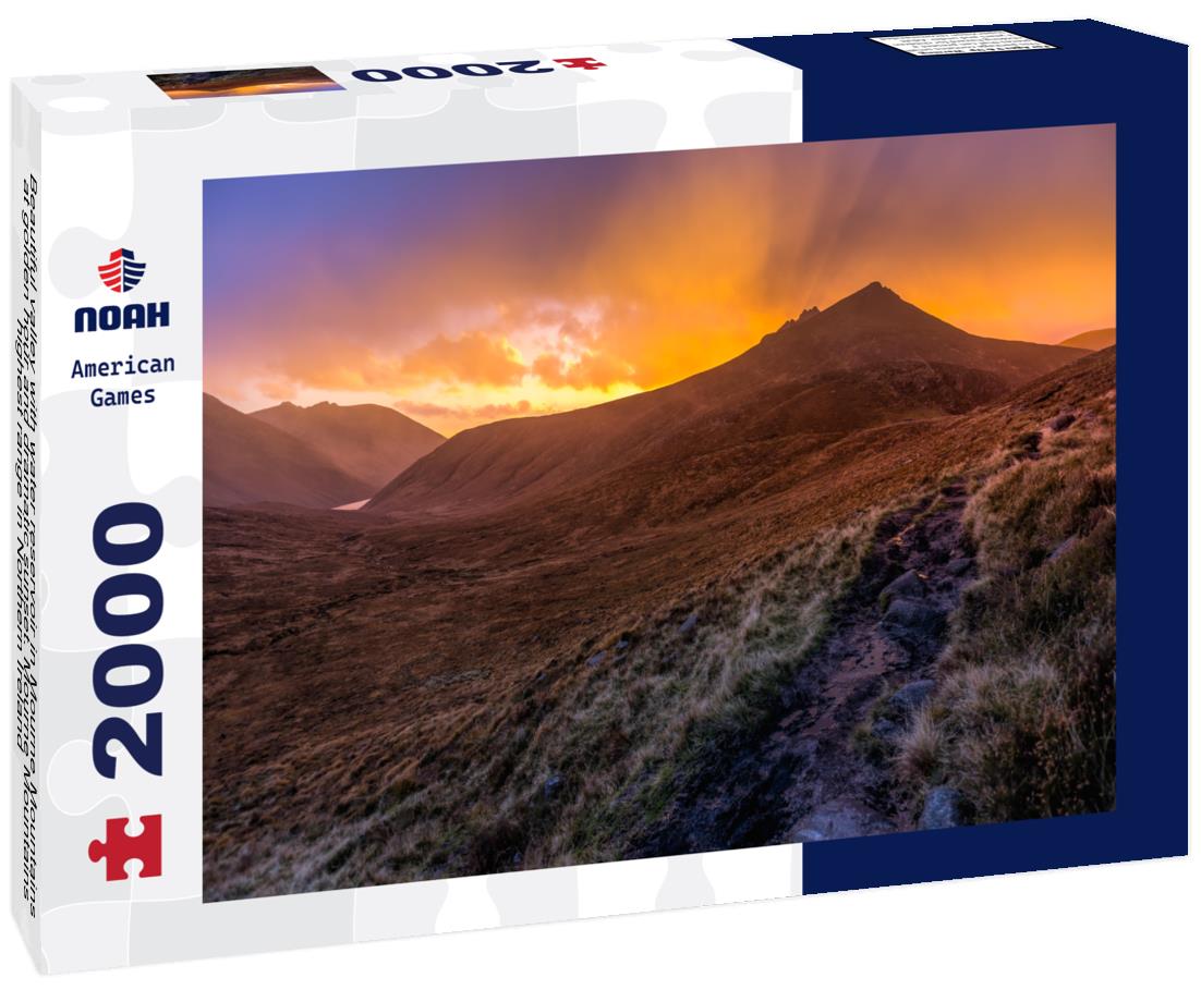 Noah Jigsaw Puzzle Beautiful valley with water reservoir in Mourne Mountains at golden hour and dramatic sunset. Mourne Mountains, highest range in Northern Ireland 2000 pieces