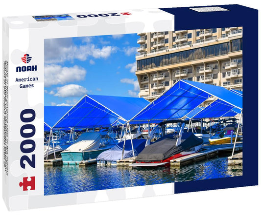 Noah Jigsaw Puzzle Boats in their covered slips in the marina and boardwalk of a downtown lakefront resort in the Inland Northwest town of Coeur d'Alene, Idaho, USA 2000 pieces