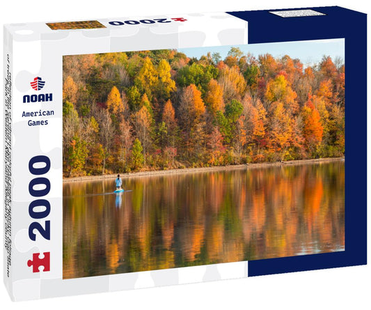 Noah Jigsaw Puzzle reflection of vibrant colorful peak autumn foliage of trees in the serene Lake Habeeb in Rocky Gap State Park in Western Maryland Allegany county 2000 pieces