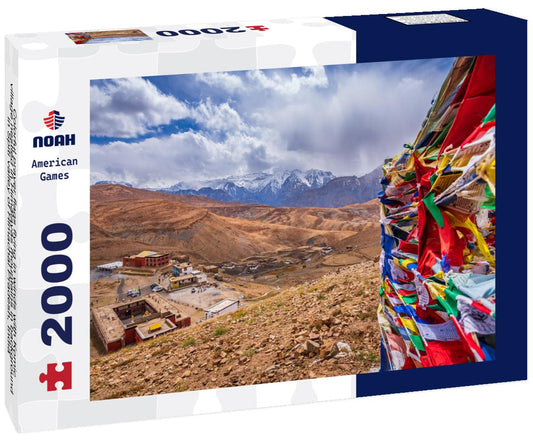 Noah Jigsaw Puzzle Colorful prayer flags flying in winds with Komic village nestled in Himalayas mountains in background in Spiti valley of Himachal Pradesh, India 2000 pieces