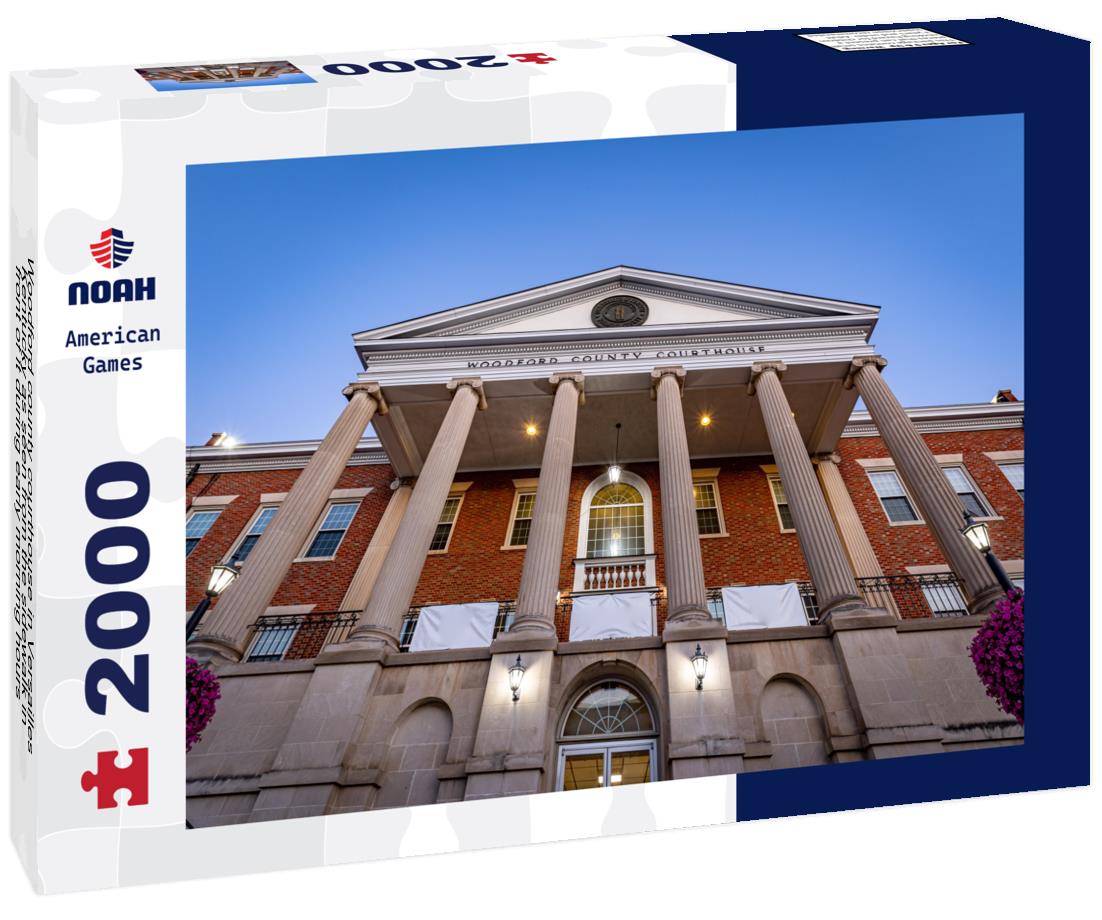 Noah Jigsaw Puzzle Woodford county courthouse in Versailles, Kentucky as seen from the sidewalk in front of it during early morning hours with lights still shining 2000 pieces