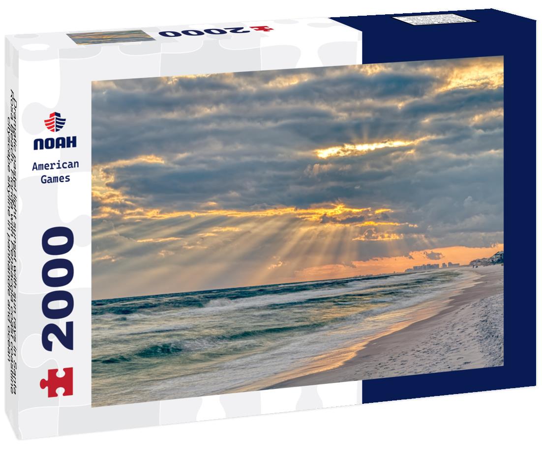 Noah Jigsaw Puzzle Dramatic pastel light sunset with sun rays in Santa Rosa Beach, Florida with Pensacola coast coastline cityscape skyline in panhandle and ocean 2000 pieces