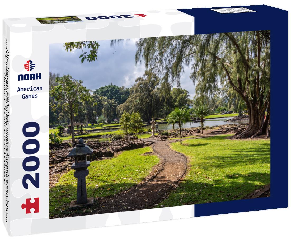 Noah Jigsaw Puzzle Hilo, Hawaii, USA: Path winding through green lawn among trees with Japanese lanterns on side in Liliuokalani Gardens. Sunshine but cloudscape 2000 pieces
