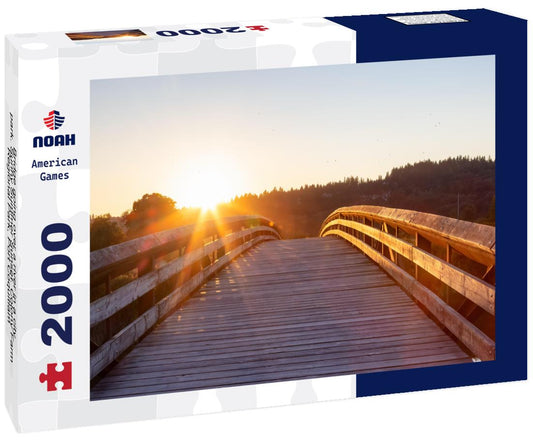 Noah Jigsaw Puzzle Bridge going over a river in a city park. Sunny Summer Sunset. Colony Farm Regional Park, Port Coquitlam, Vancouver, British Columbia, Canada 2000 pieces
