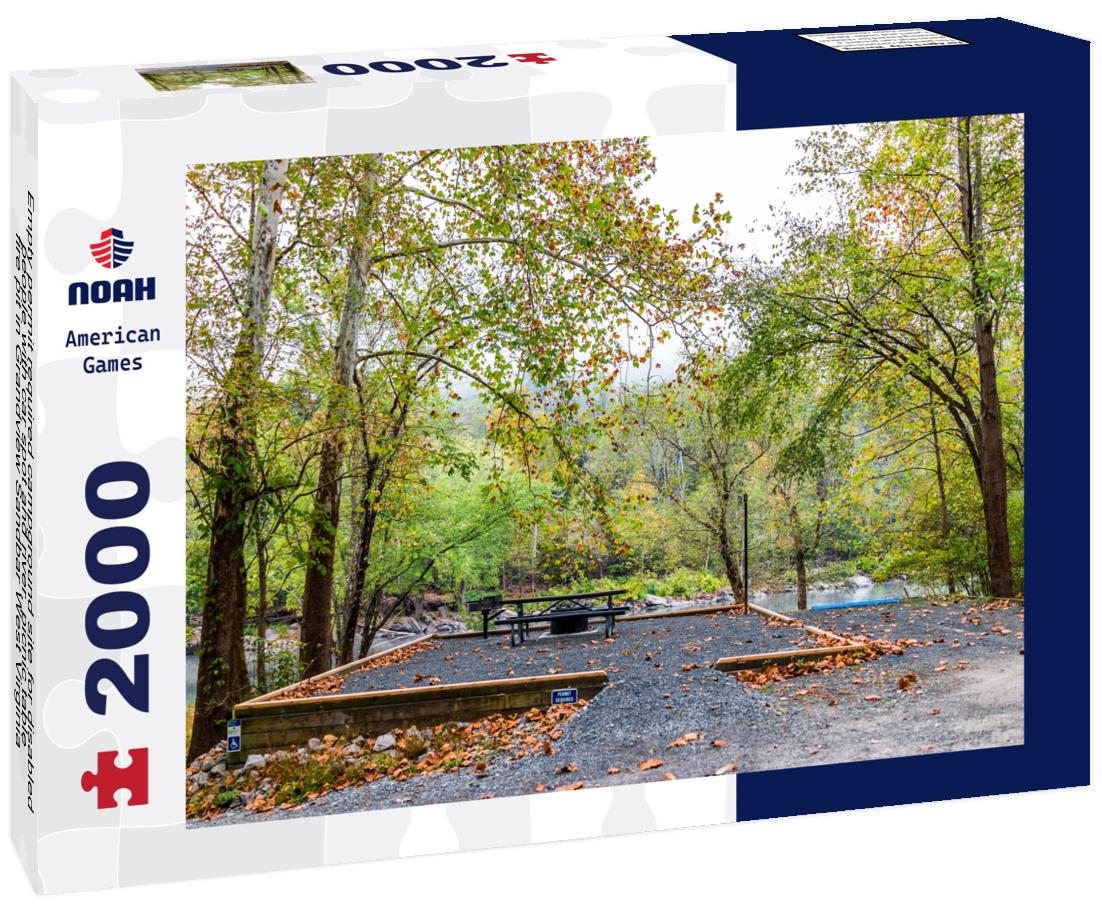 Noah Jigsaw Puzzle Empty permit required campground site for disabled people with car spot and river, picnic table, fire pit in Grandview Sandbar West Virginia 2000 pieces