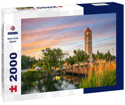 Noah Jigsaw Puzzle Festival goers enjoy a colorful sunset at the annual Pig out in the Park at Riverfront Park along the Spokane River in Spokane, Washington 2000 pieces