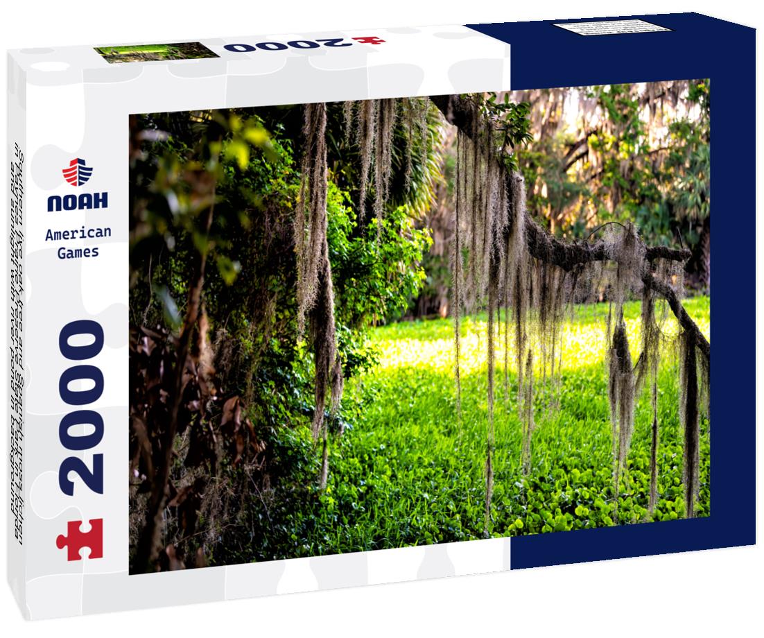 Noah Jigsaw Puzzle Southern live oak tree and Spanish moss lichen in Paynes Prairie Preserve State Park in Florida and sunlight with river pond in background 2000 pieces