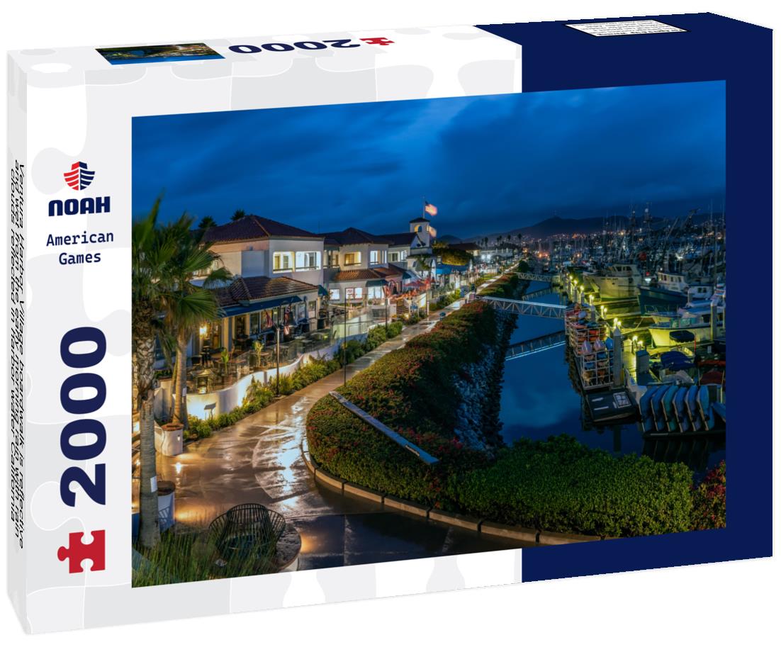 Noah Jigsaw Puzzle Ventura Harbor Village boardwalk is reflective and wet from the early morning rain with rain clouds reflected in harbor water California 2000 pieces