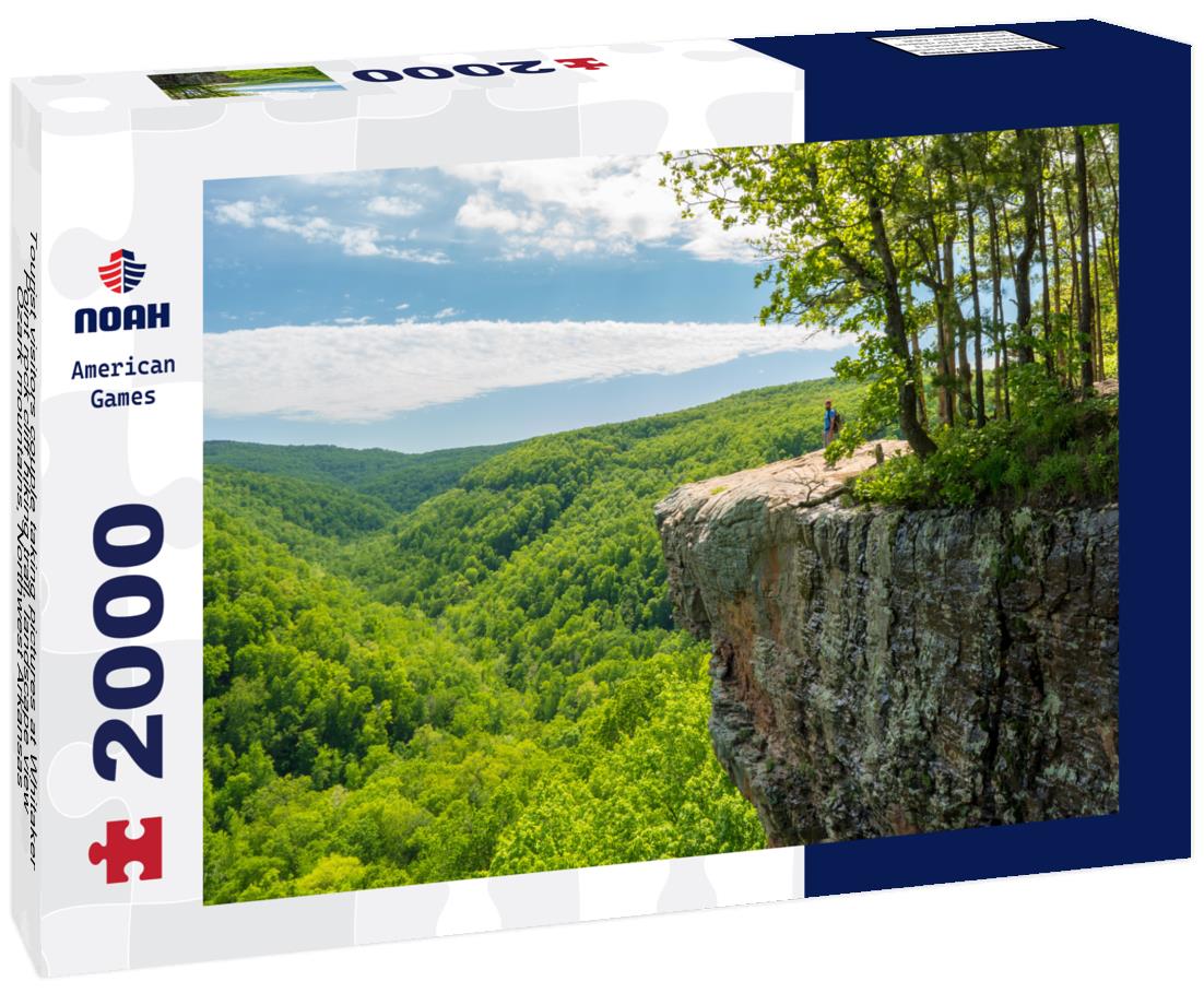 Noah Jigsaw Puzzle Tourist visitors couple taking pictures at Whitaker Point rock cliff hiking trail, landscape view, Ozark mountains, Northwest Arkansas 2000 pieces
