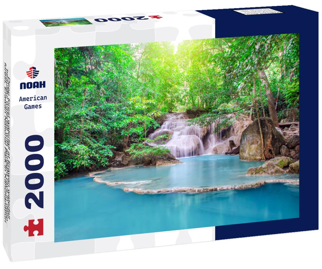 Noah Jigsaw Puzzle Deep forest waterfall at Erawan waterfall, beautiful waterfall with sunlight rays in deep forest, Erawan National Park in Kanchanaburi 2000 pieces