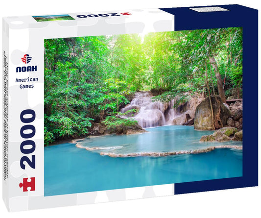 Noah Jigsaw Puzzle Deep forest waterfall at Erawan waterfall, beautiful waterfall with sunlight rays in deep forest, Erawan National Park in Kanchanaburi 2000 pieces