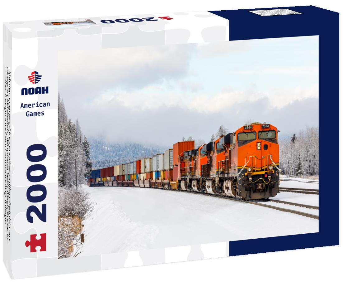 Noah Jigsaw Puzzle Winter scene of locomotive pulling freight cars close to Whitefish, Montana with fresh snow in the foreground and surrounding foliage 2000 pieces