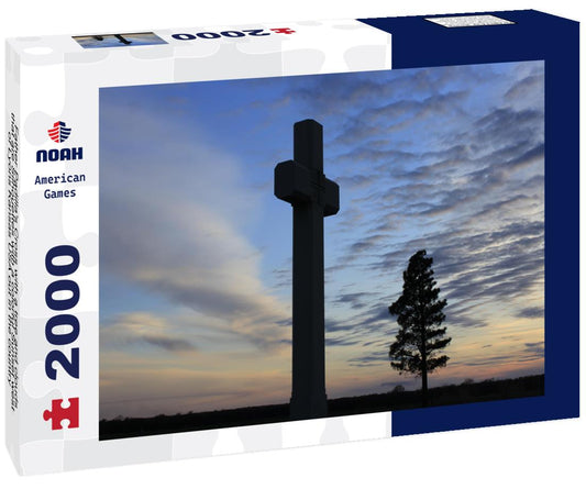 Noah Jigsaw Puzzle Father Padilla's Cross with a tree and clouds that are Silhouettes with a colorful Sunset west of Lyons Kansas USA out in the country 2000 pieces