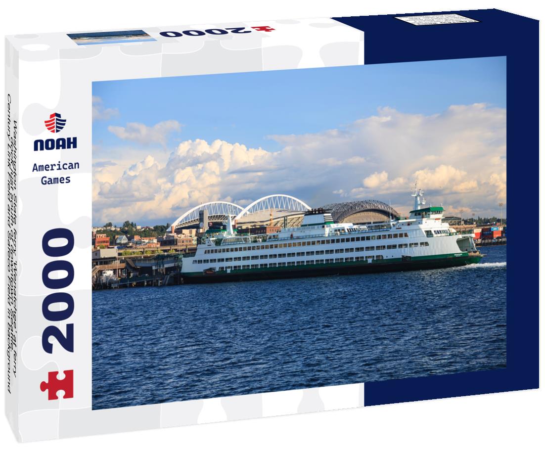 Noah Jigsaw Puzzle Washington State ferry 'Wenatchee' at ferry dock just south of downtown Seattle. Century Link Field and Safeco Field in background 2000 pieces