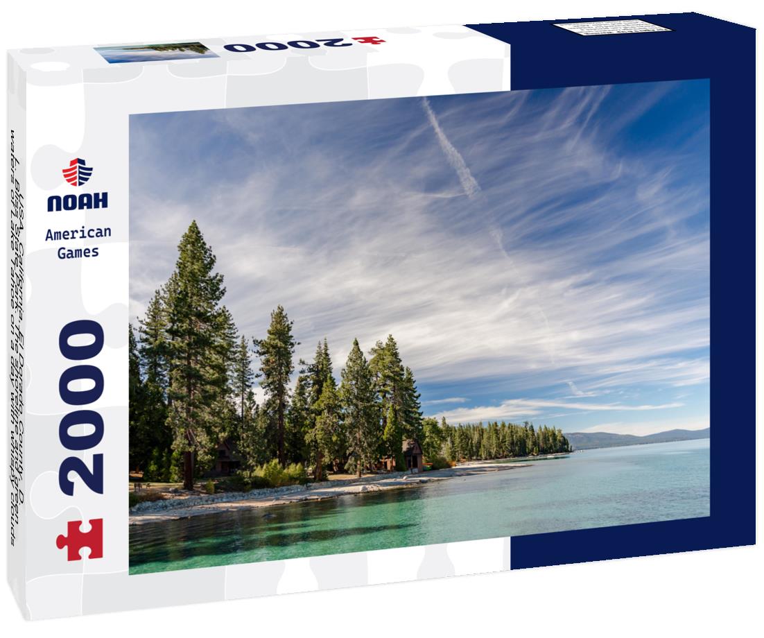 Noah Jigsaw Puzzle USA, California, El Dorado County, D.L. Bliss State Park. The shoreline and green waters of Lake Tahoe on a day with whispy clouds 2000 pieces