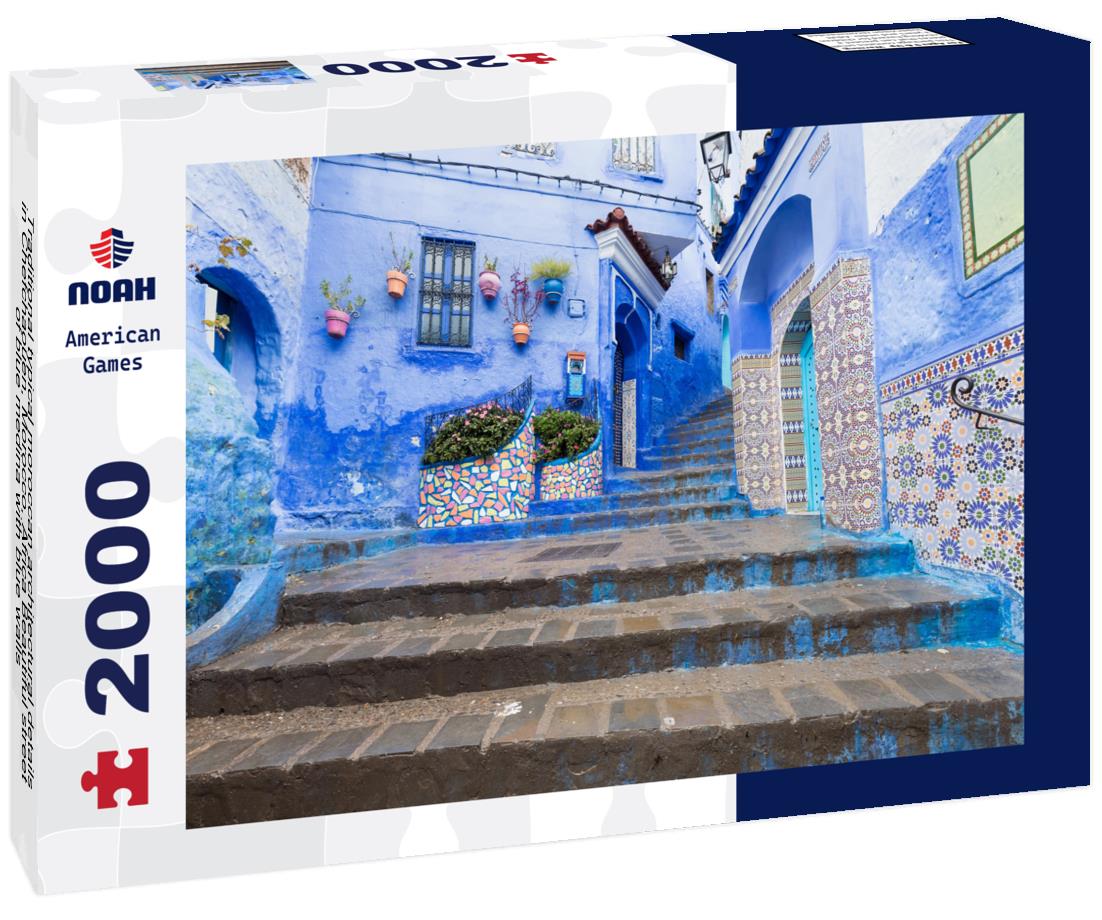 Noah Jigsaw Puzzle Traditional typical moroccan architectural details in Chefchaouen, Morocco, Africa Beautiful street of blue medina with blue walls 2000 pieces