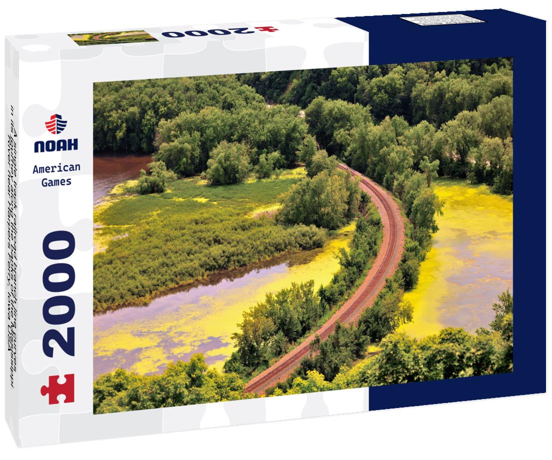 Noah Jigsaw Puzzle A single track railroad branch line curves in its journey along the banks of the Mississippi River near Harpers Ferry, Iowa USA 2000 pieces