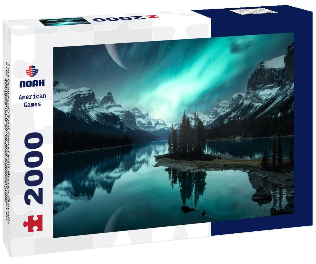 Noah Jigsaw Puzzle Landscape of Spirit Island with Aurora Borealis over Canadian Rockies and crescent moon on Maligne lake at Jasper national park 2000 pieces