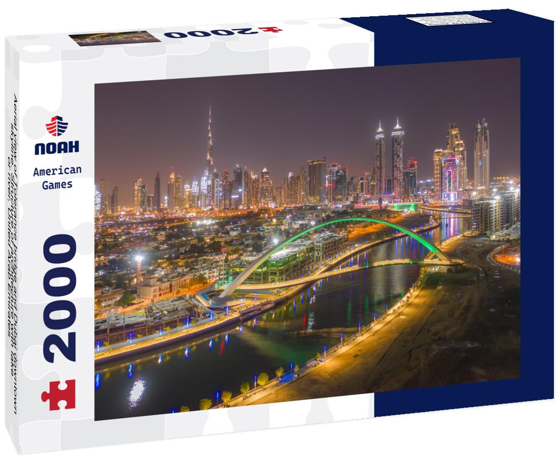 Noah Jigsaw Puzzle Aerial view of Tolerance bridge and Dubai downtown skyline. Structure of architecture with lake or river, United Arab Emirates 2000 pieces