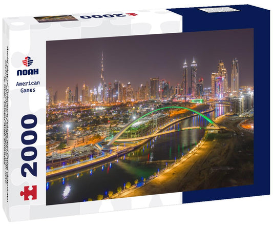 Noah Jigsaw Puzzle Aerial view of Tolerance bridge and Dubai downtown skyline. Structure of architecture with lake or river, United Arab Emirates 2000 pieces