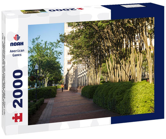 Noah Jigsaw Puzzle Spartanburg, South Carolina, USA. The city street in the summer, lit by the sun. City with columns and beautiful green bushes 2000 pieces