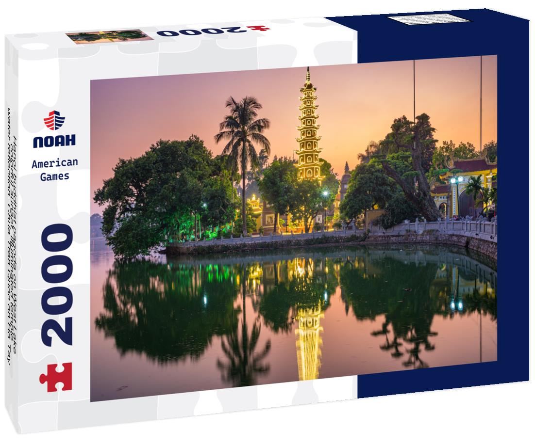 Noah Jigsaw Puzzle Hanoi buddhist pagoda on West Lake, colorful sunset, illuminated temple, water reflection. Chua Tran Quoc on Ho Tay at Hanoi 2000 pieces