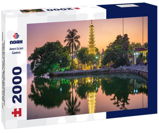 Noah Jigsaw Puzzle Hanoi buddhist pagoda on West Lake, colorful sunset, illuminated temple, water reflection. Chua Tran Quoc on Ho Tay at Hanoi 2000 pieces