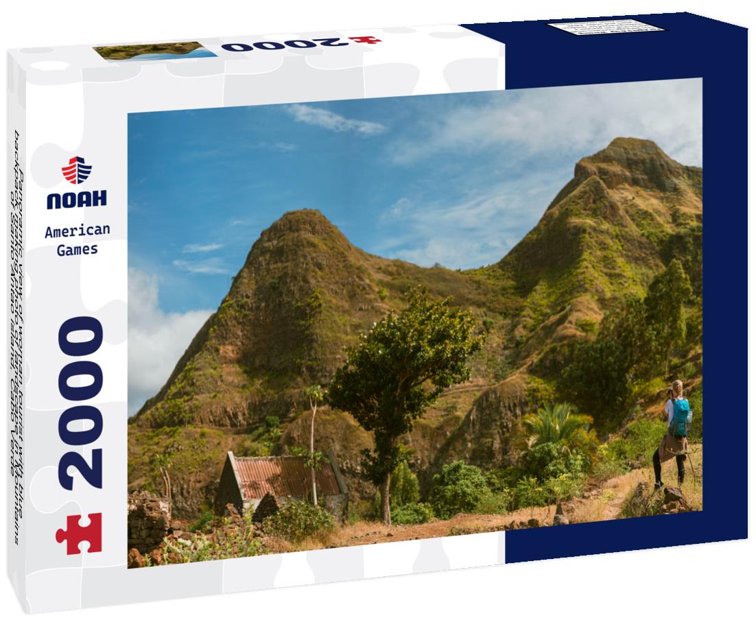Noah Jigsaw Puzzle Panoramic view of woman tourist with blue backpack making photo of landscape in Mountains of Santo Antao island, Cabo Verde 2000 pieces