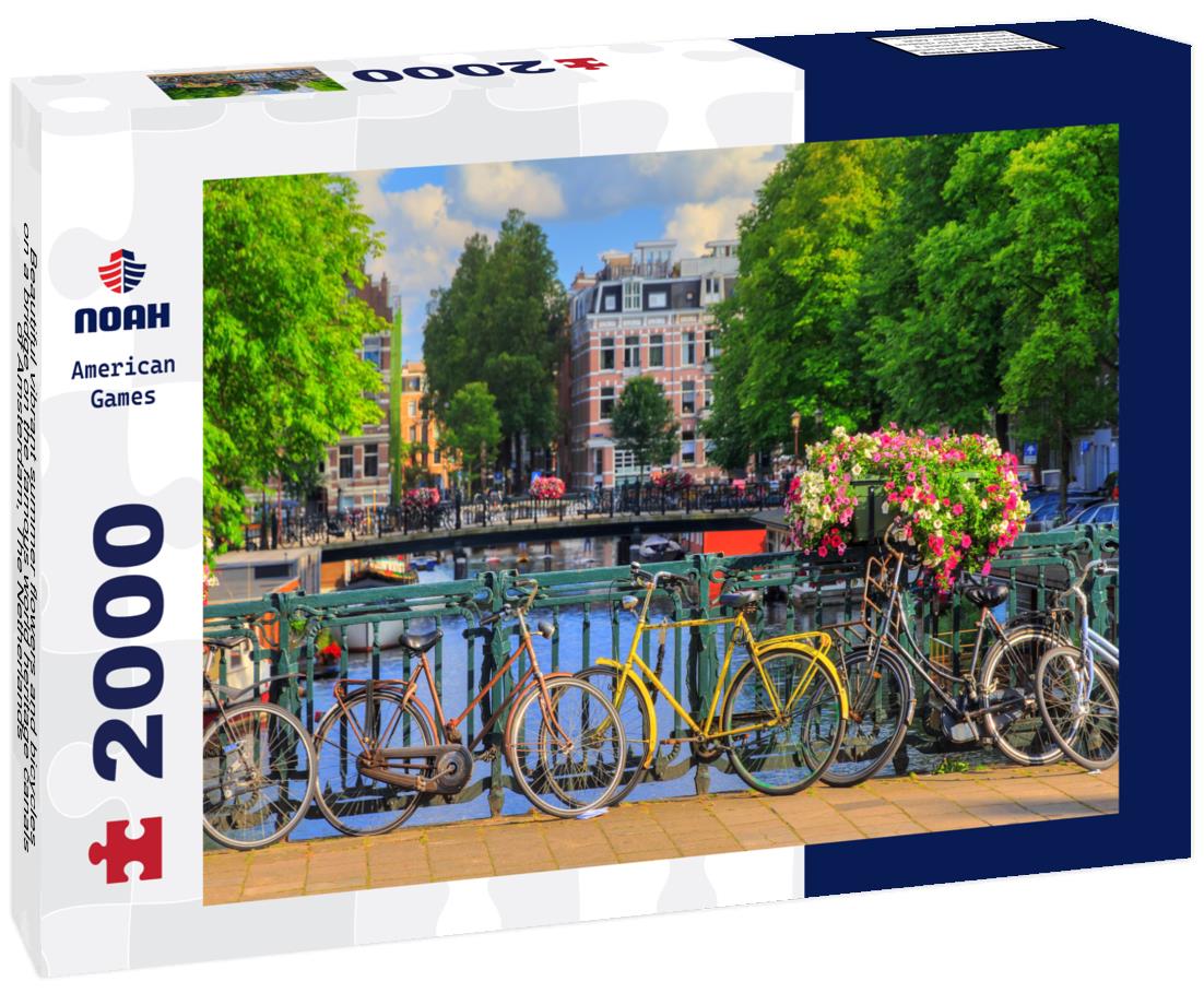 Noah Jigsaw Puzzle Beautiful vibrant summer flowers and bicycles on a bridge on the famous world heritage canals of Amsterdam, The Netherlands 2000 pieces