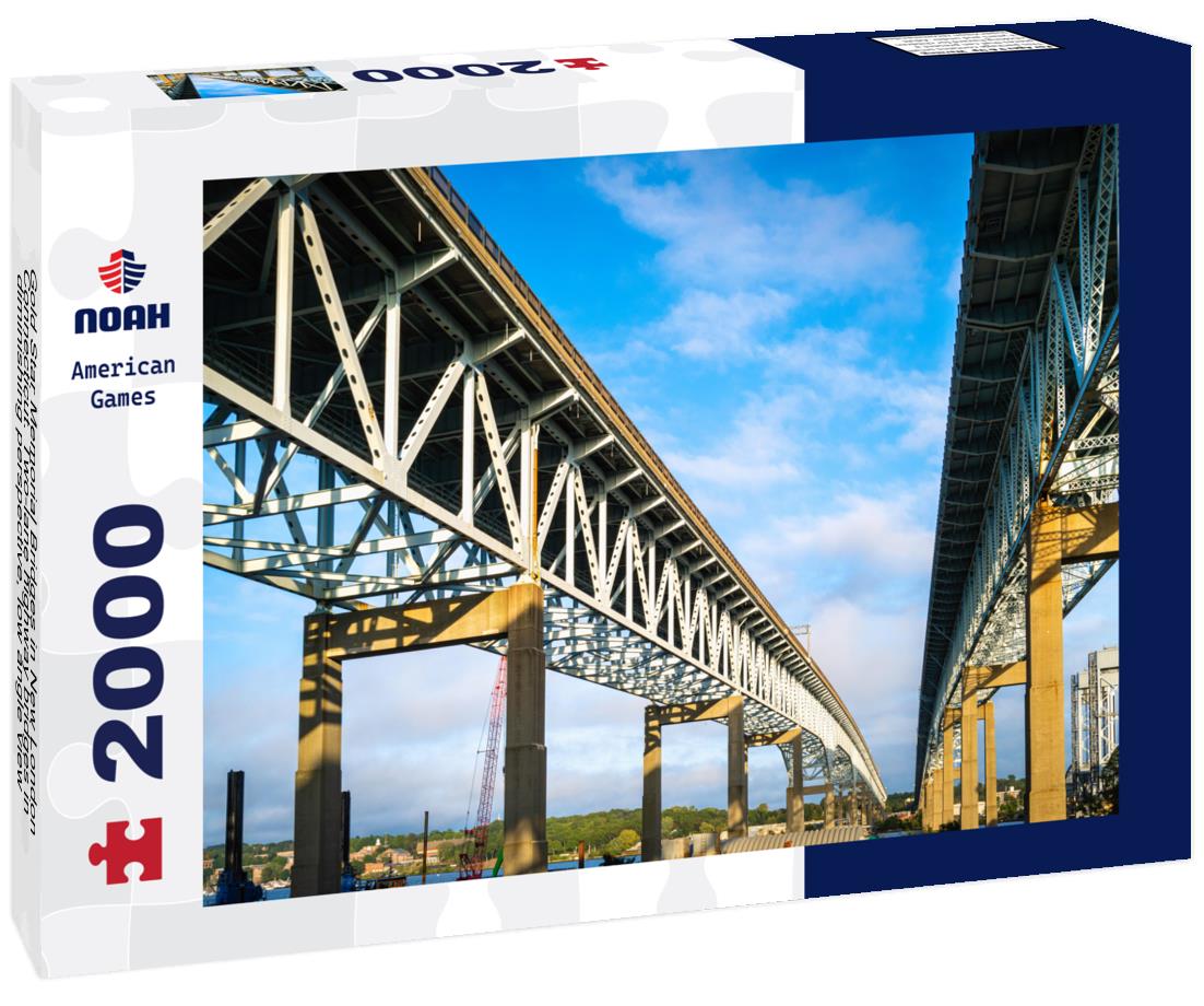Noah Jigsaw Puzzle Gold Star Memorial Bridges in New London, Connecticut. Two-lane highway bridges in diminishing perspective, low angle view 2000 pieces
