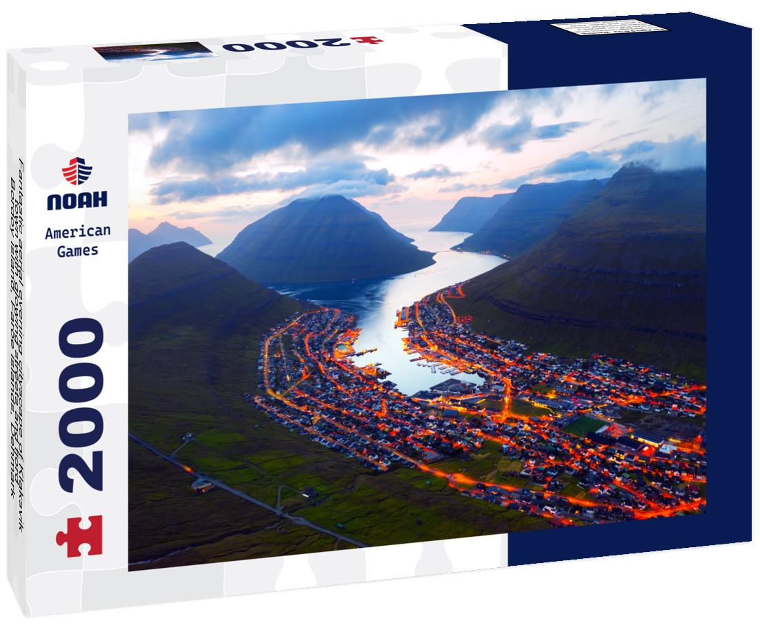 Noah Jigsaw Puzzle Fantastic aerial evening cityscape of Klaksvik town with glowing streets and fjord, Bordoy island, Faroe islands, Denmark 2000 pieces