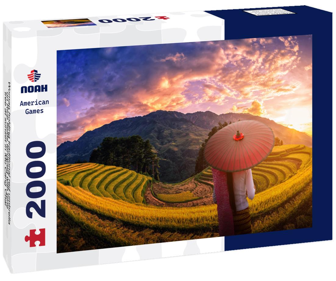 Noah Jigsaw Puzzle Woman holding traditional red umbrella on Rice fields terraced with pine tree at sunset in Mu Cang Chai, YenBai, Vietnam 2000 pieces