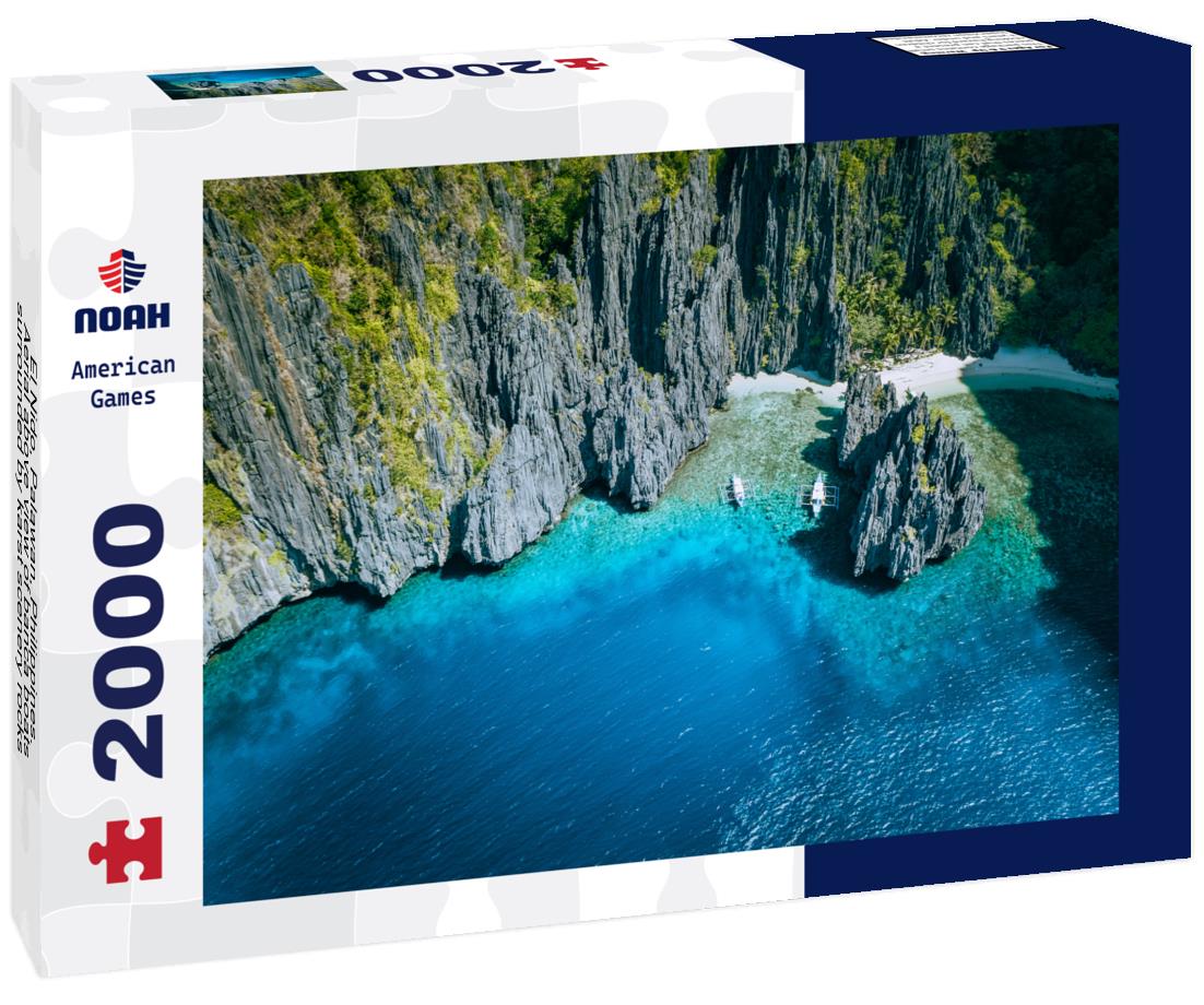 Noah Jigsaw Puzzle El Nido, Palawan, Philippines. Aerial above view of banca boats surrounded by karst scenery rocks at Secret Lagoon beach 2000 pieces