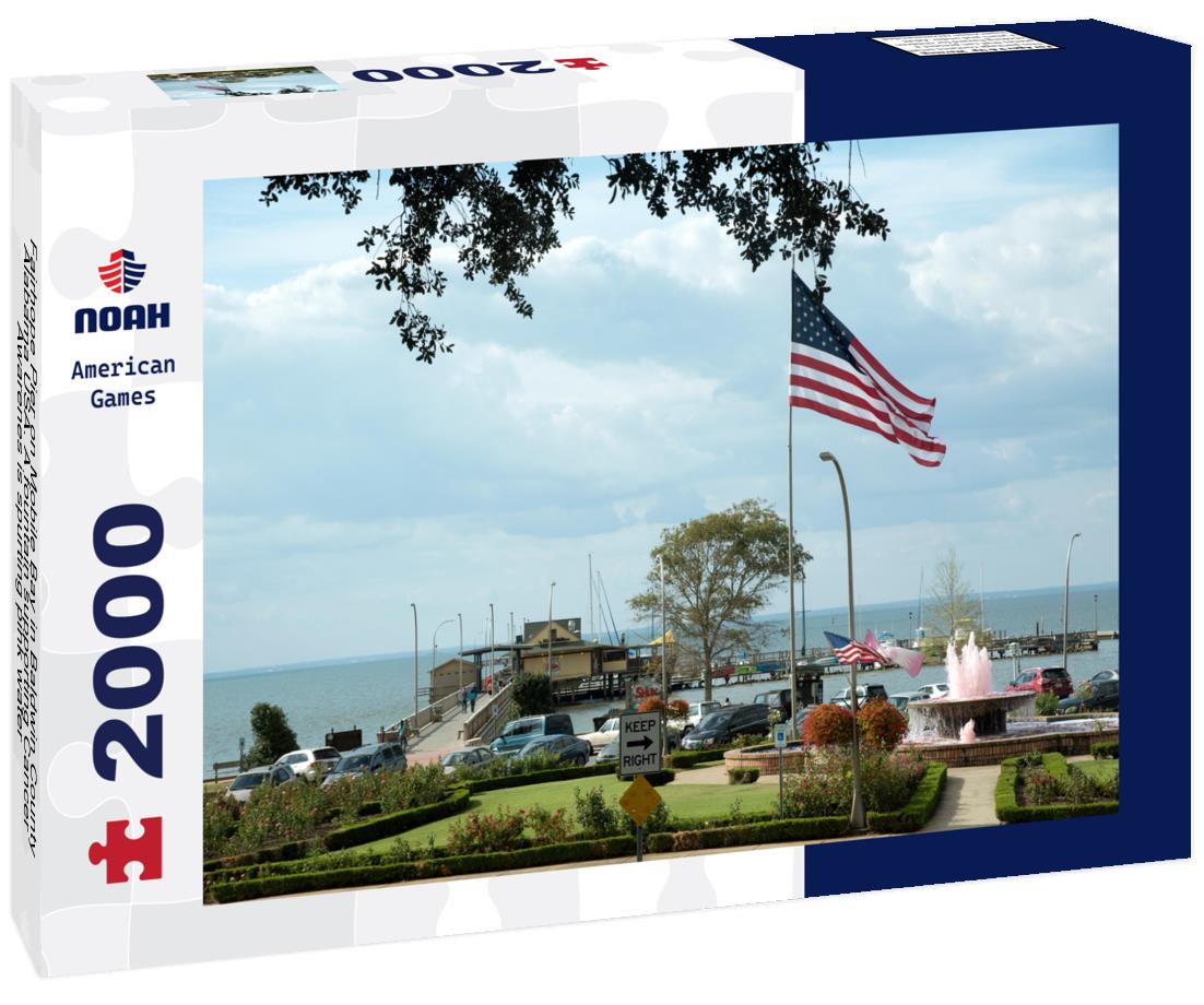 Noah Jigsaw Puzzle Fairhope Pier on Mobile Bay in Baldwin County Alabama USA. A fountain supporting Cancer Awarenes is spurting pink water 2000 pieces