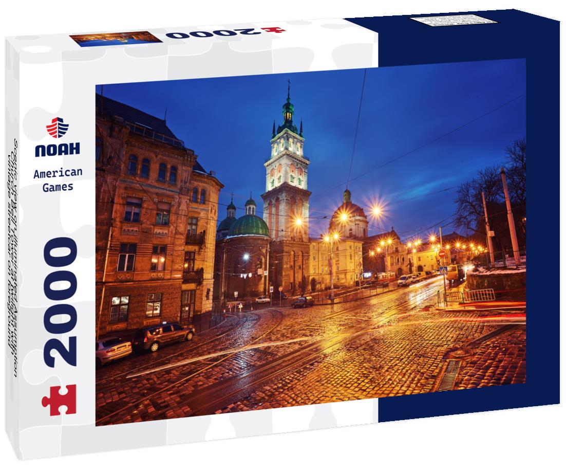 Noah Jigsaw Puzzle Scenic view on illuminated Assumption Church Bell Tower at twilight with vintage streetcar on foreground, Lviv, Ukraine 2000 pieces
