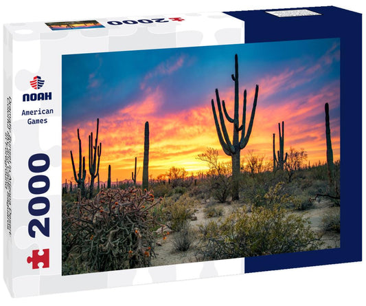 Noah Jigsaw Puzzle Dramatic Sunset in Arizona Desert: Colorful Sky and Cacti/ Saguaros in Foreground - Saguaro National Park, Arizona, USA 2000 pieces