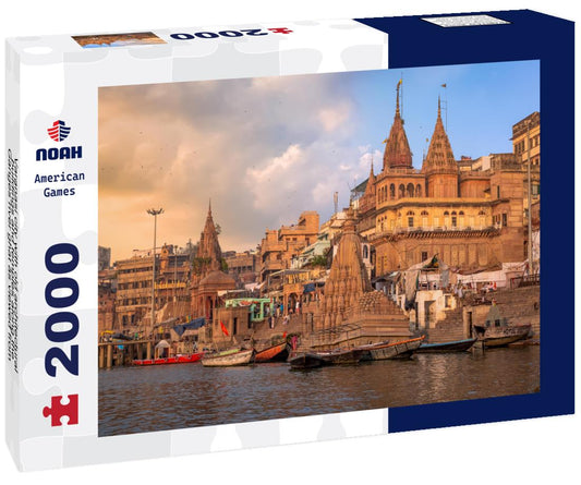 Noah Jigsaw Puzzle Varanasi city with old architectural buildings and temples along the Ganges river ghat as viewed from a boat at sunset 2000 pieces