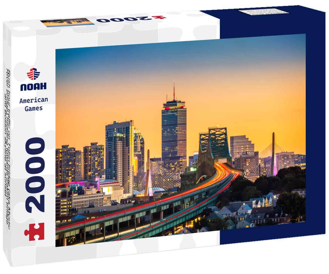 Rush hour traffic on Tobin bridge (aka Mystic River bridge) heading towards Zakim bridge and Boston skyline at sunset 2000pc Puzzle