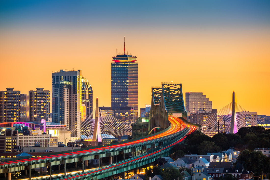 Rush hour traffic on Tobin bridge (aka Mystic River bridge) heading towards Zakim bridge and Boston skyline at sunset 2000pc Puzzle