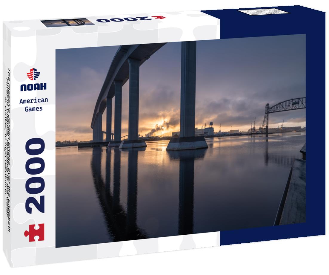 The massive Jordan Bridge over the Elizabeth River in Virginia, reflecting in the water at sunset, in high resolution 2000pc Puzzle