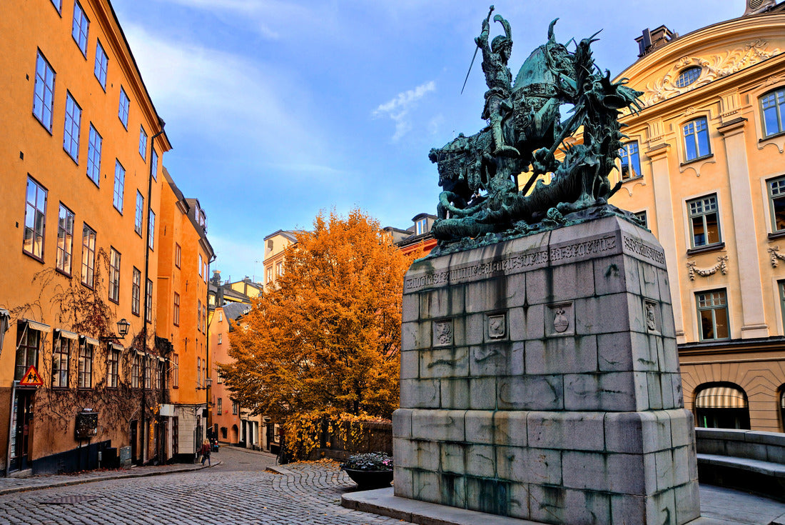 Saint George and the Dragon statue and colorful street during autumn in Gamla Stan, the Old Town of Stockholm, Sweden 2000pc Puzzle