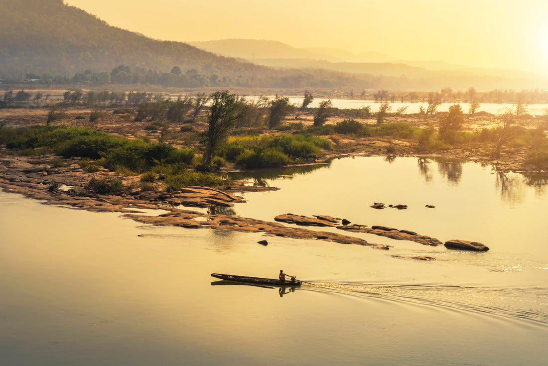 wooden fishing boat sailing in mekong river on sunrise at khongjiam district of thailand border of thailand and laos 2000pc Puzzle