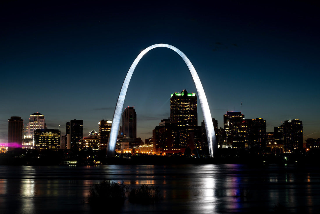 St Louis Gateway Arch brightly lit and shining at night, city skyline in background, reflecting in Mississippi River 2000pc Puzzle