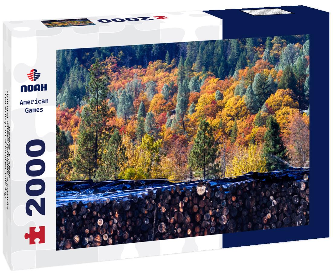 Before & After - Autumn forest provides a colorful backdrop to a lumber mill log pile. Weaverville, California, USA 2000pc Puzzle