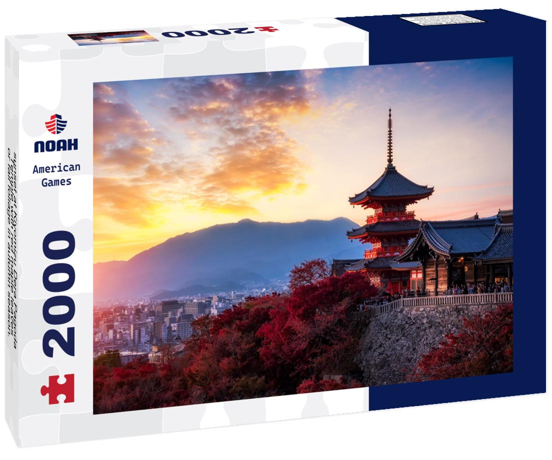 Noah Jigsaw Puzzle sunset at Kiyomizu Dera Pagoda Temple with red maple leaves or fall foliage in autumn season. Colorful trees, Kyoto 2000 pieces