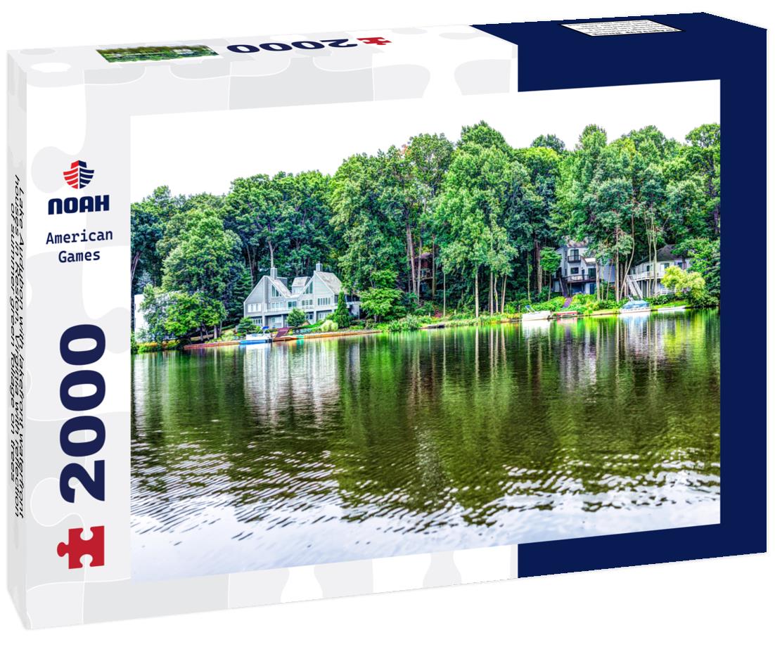 Noah Jigsaw Puzzle Lake Audubon with lakefront waterfront houses in Reston, Virginia with reflection of summer green foliage on trees 2000 pieces