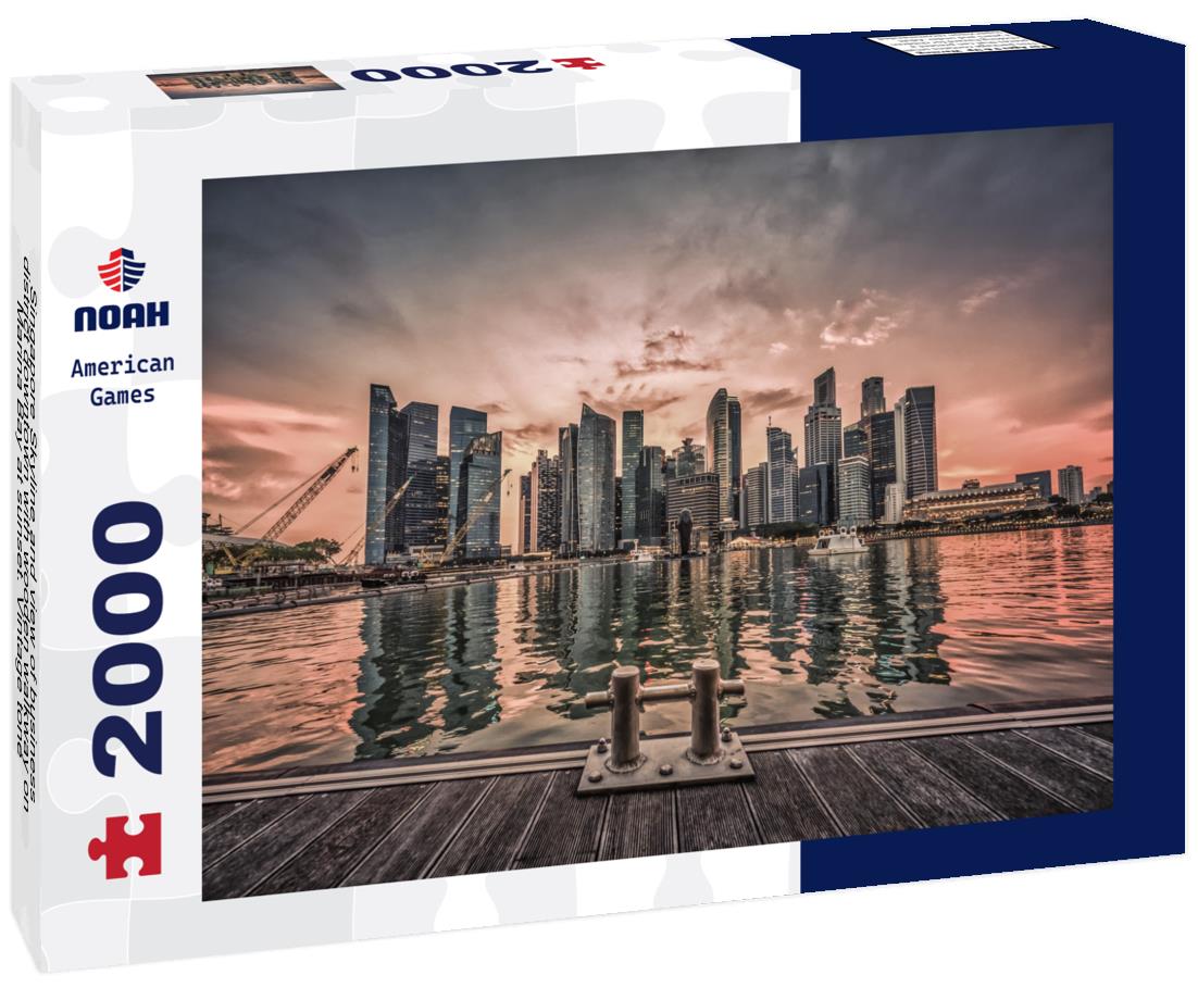 Noah Jigsaw Puzzle Singapore Skyline and view of business district downtown with wooden walkway on Marina Bay at sunset. Vintage tone 2000 pieces